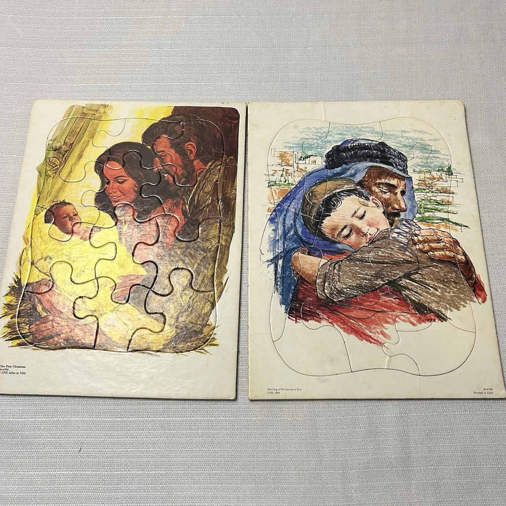 Vtg‎ Jesus Puzzle Set 2 Frame Tray The First Christmas & Healing Nobleman's Son
